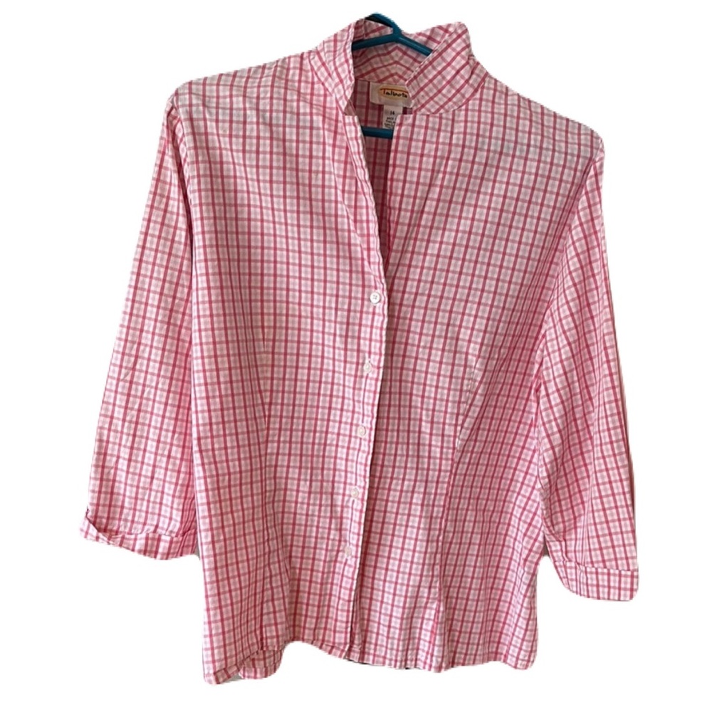 Talbots Pink White Plaid button up Shirt cotton Sz 14